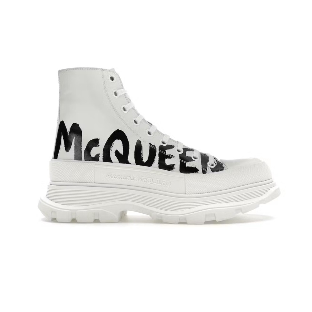 Alexander McQueen Tread Slick Graffiti Leather Boots White Black Men’s 43/US 10